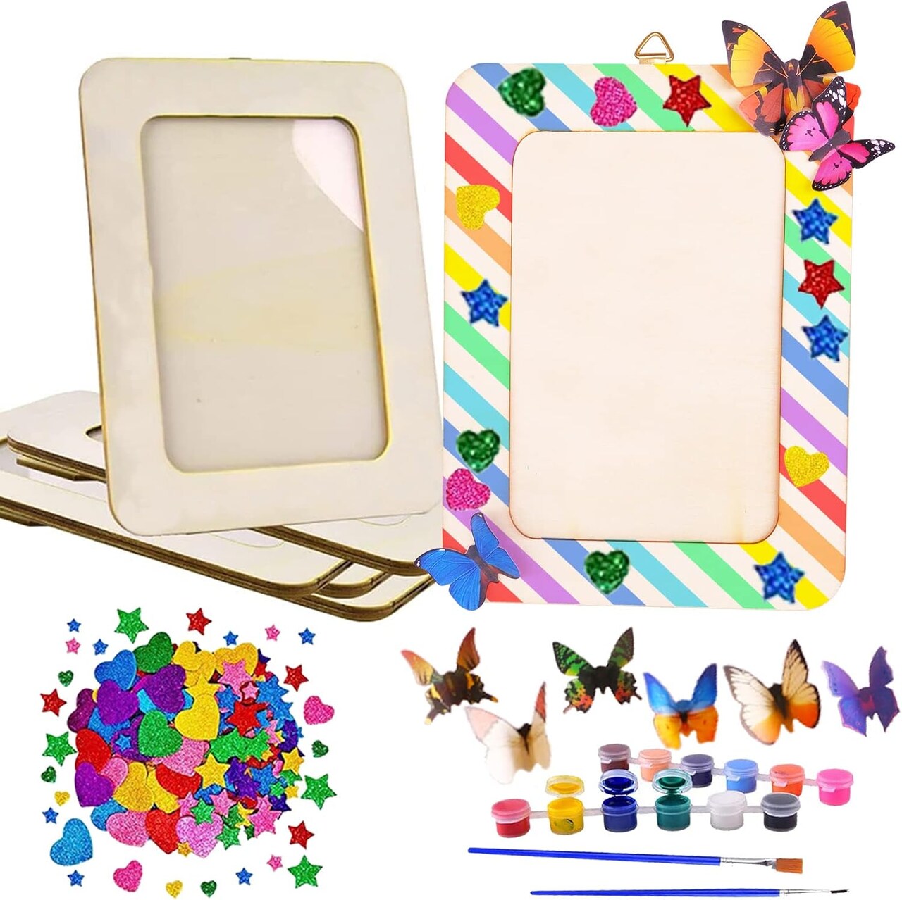 10 Pack Picture Frame Painting Craft Kit, 6'' x 8'' DIY Blank Wooden Photo Frames with Stand, Painting Set, 3D Butterfly and Glitter Eva Stickers for Father Day Gift, Kids Craft, Paint and Decorate